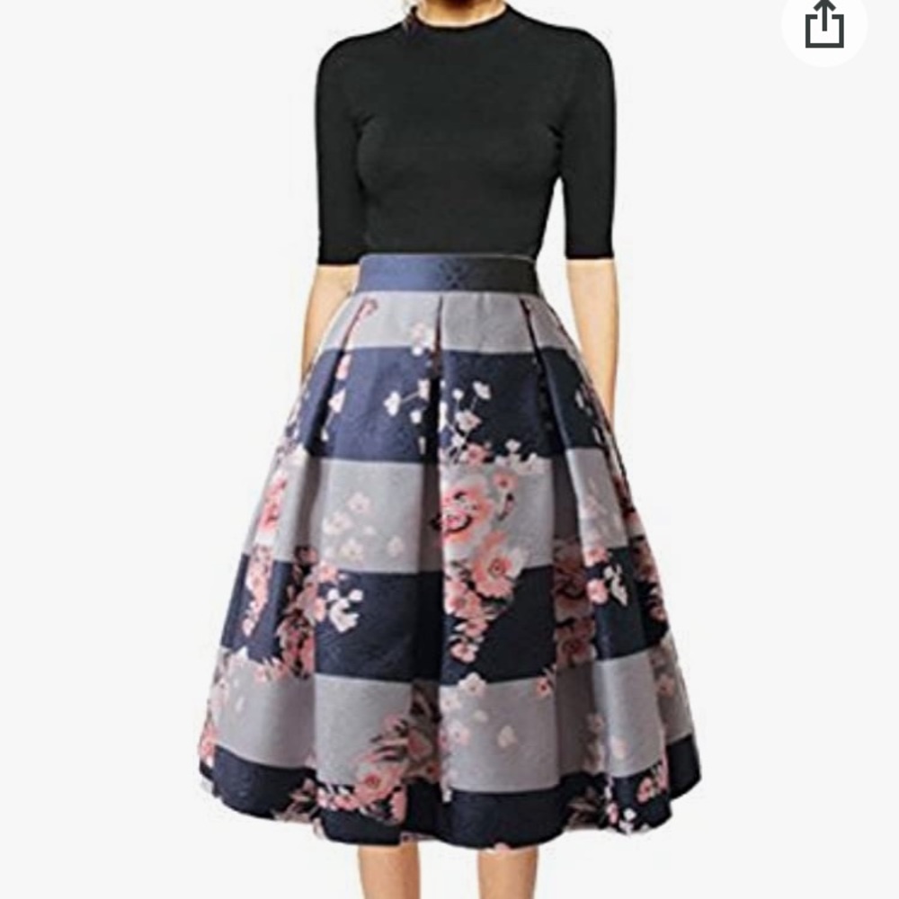 Floral Midi Skirts High Waisted A-Line Cocktail Party Prom Skirt